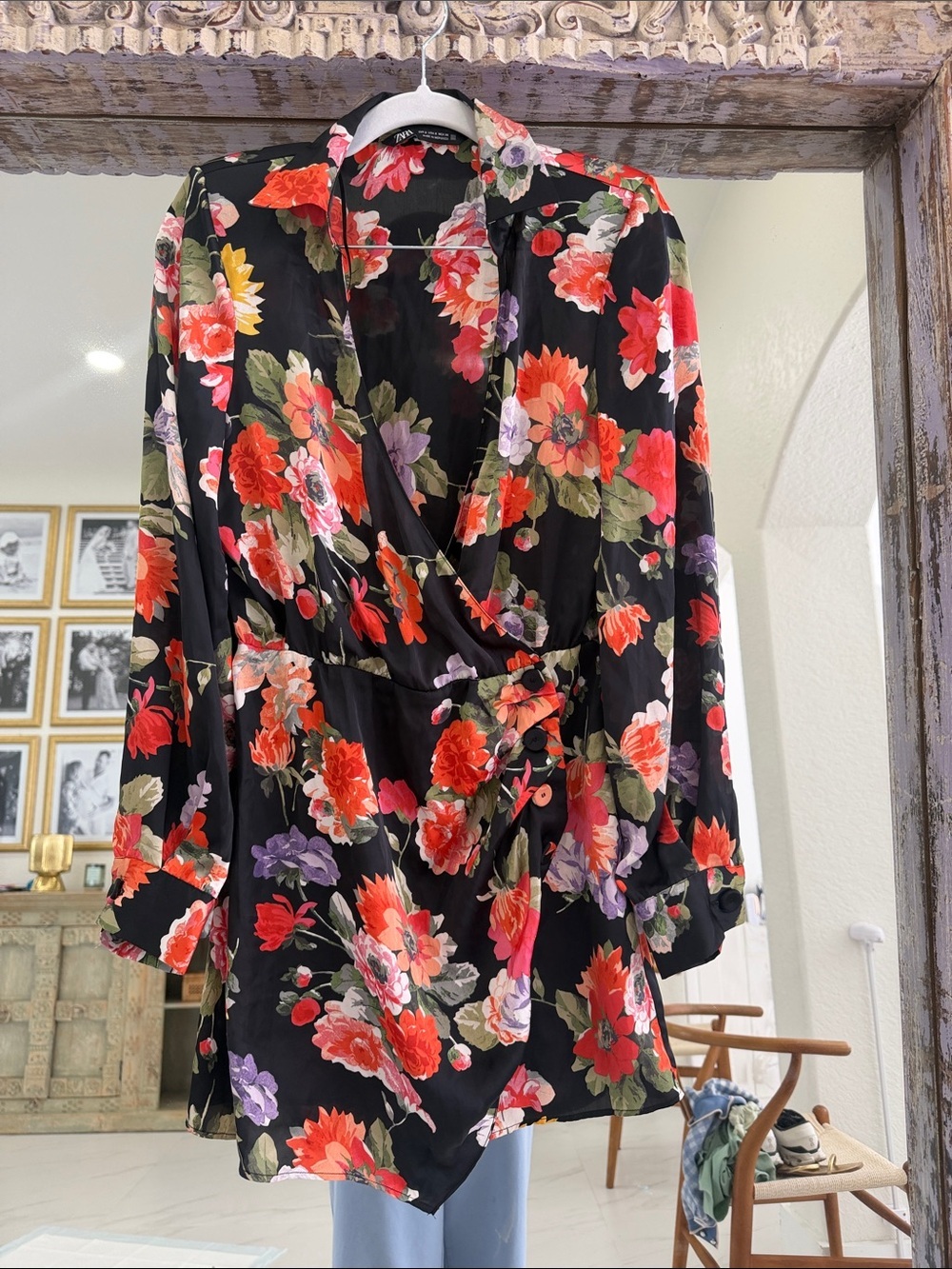 Zara Black Floral Mini Dress with Red & Purple Blooms